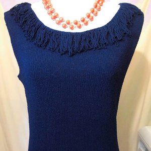 Hand Knit Sleeveless Pant Suit ~ Navy Blue ~ Fringe Trim ~ Scoop Neck ~ Handmade